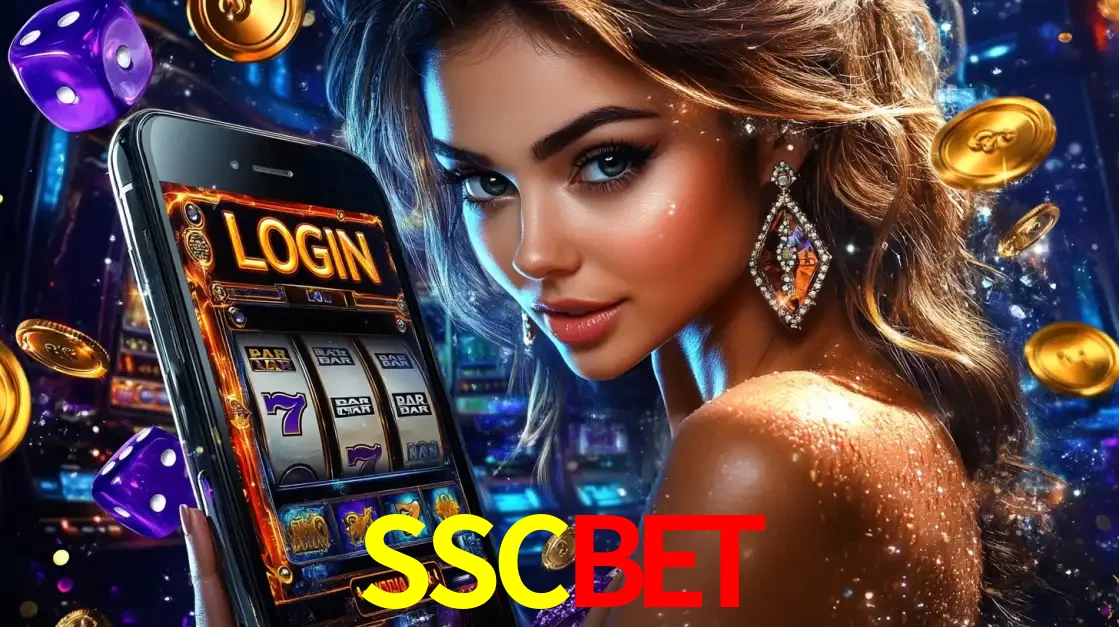Mulher glamorosa segurando um smartphone com a tela de login para os jogos de caça-níqueis do cassino online SSCBET, com moedas de ouro e dados ao redor.