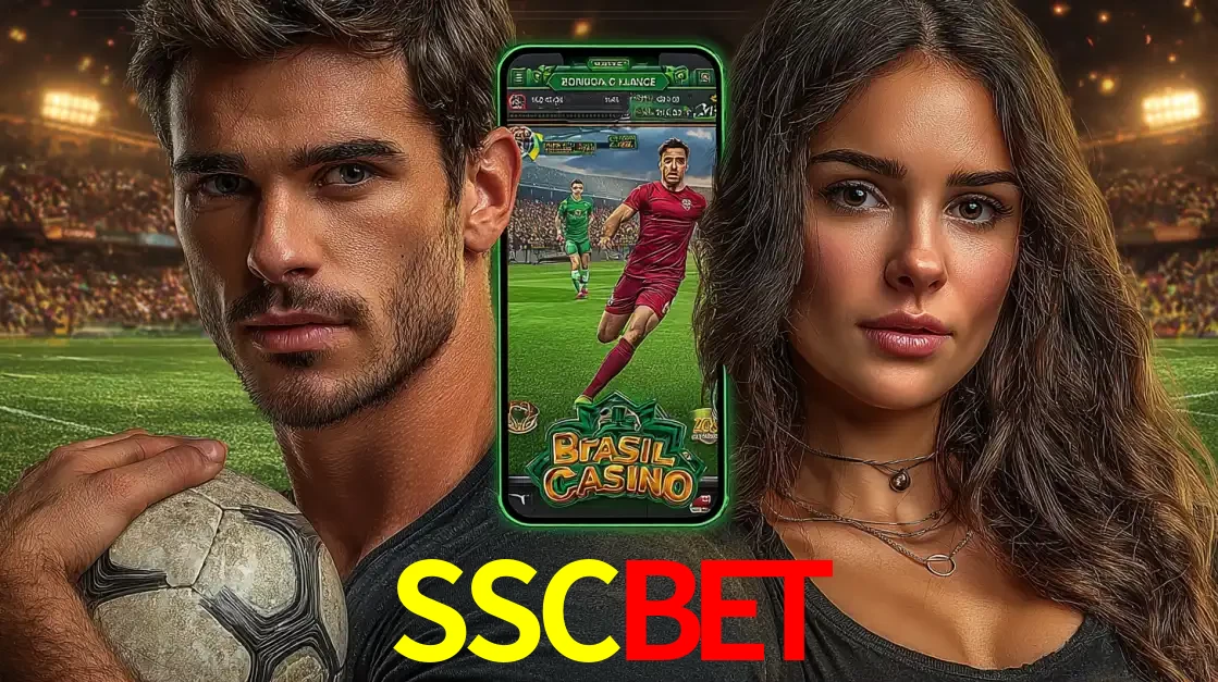 Homem segurando uma bola de futebol e uma mulher ao lado de um smartphone exibindo o jogo de apostas esportivas da SSCBET. Faça seu palpite no cassino online.